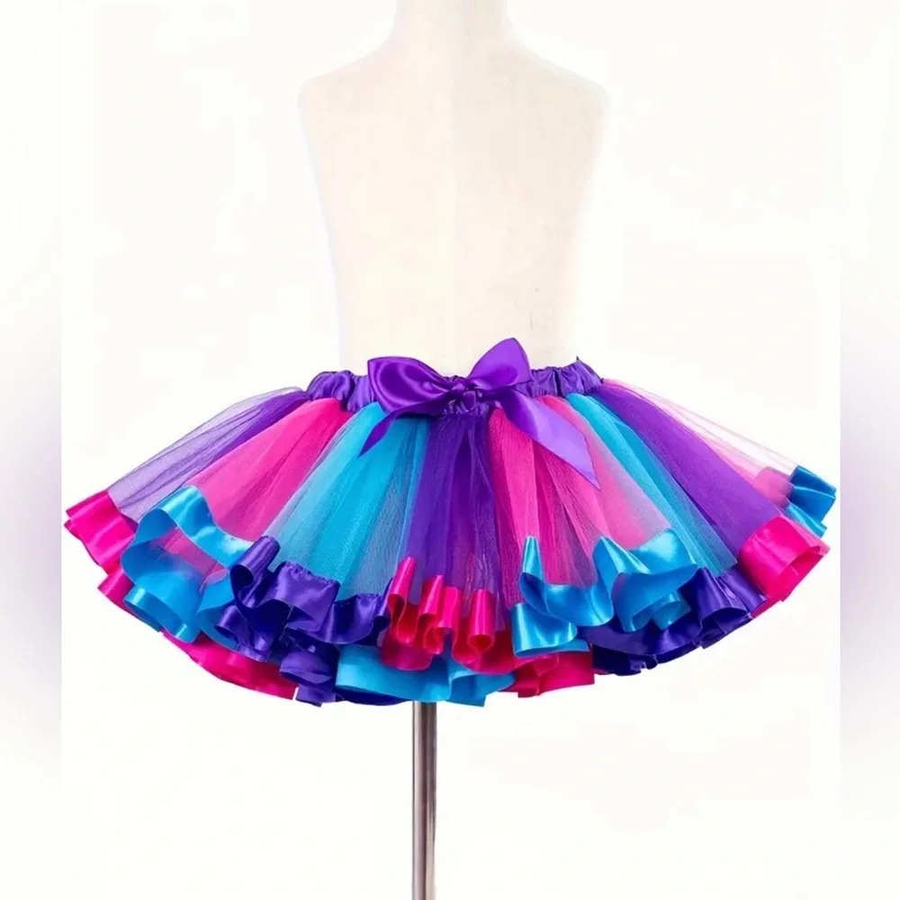 Girls Rainbow Tulle Tutu Skirt | Purple Blue Pink Ruffle Trim w/ Bow | Party